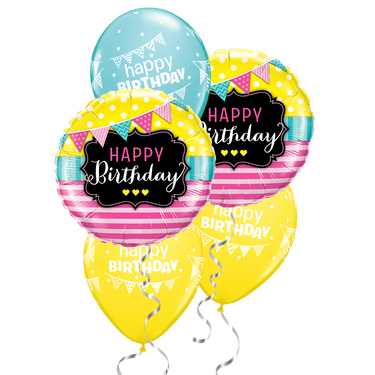 Birthday Pennants & Pink Stripes Foil Balloon Bouquet | Buy Balloons in Dubai UAE | Gifts